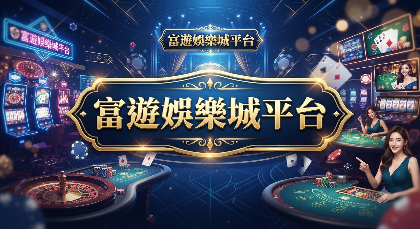 這是一張以「富遊娛樂城平台」為主題的奢華賭場風格背景圖,設計融合了精緻的金色文字標題與充滿現代感的博弈遊戲元素。 畫面中央突出顯示該品牌名稱,四周環繞著輪盤、籌碼與發牌員等細節,營造出高級且具吸引力的線上娛樂平台視覺氛圍。
