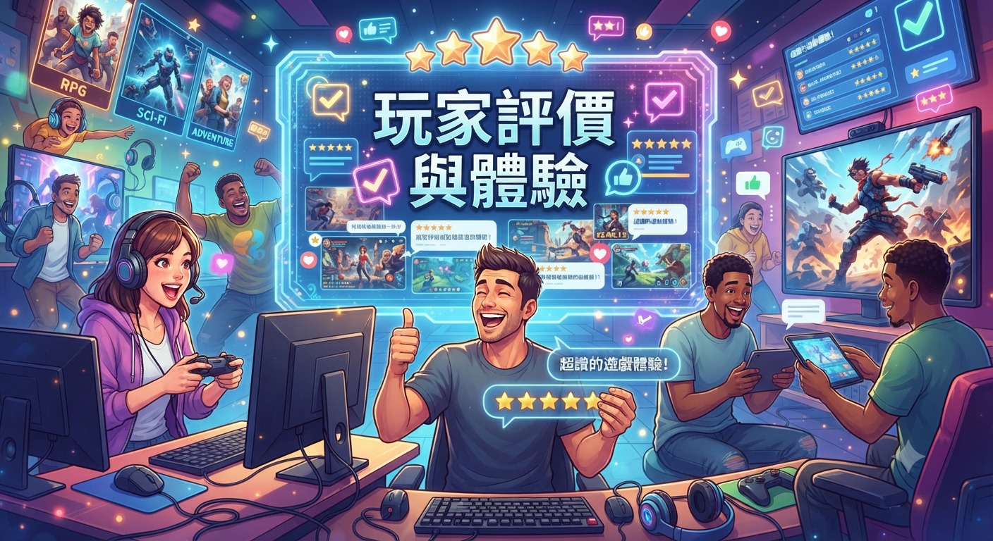 這幅圖像展示了多位玩家正沉浸在遊戲中,並透過充滿科技感的介面表達對遊戲的正面評價與體驗。 中央醒目的標題「玩家評價與體驗」完美點出主題,營造出熱情與社群互動的氛圍。